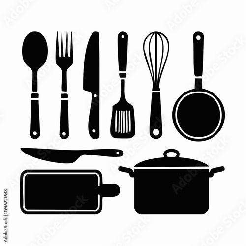 Black kitchen utensil icons on white.