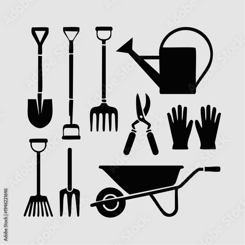 Black gardening tools and equipment icons.