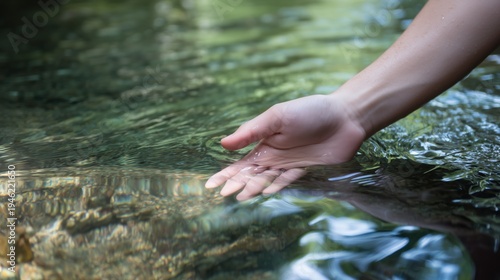 Close-up of a hand gently touching the surface of a clear stream in nature.