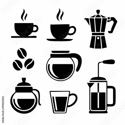 Black icons of coffee cups and makers.