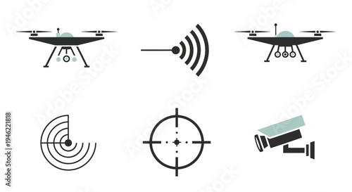 Vector illustration of modern military drone technology with various icons depicting drone warfare, surveillance, and targeting systems on a clean white background.