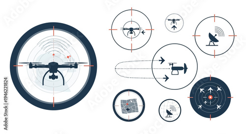 A detailed illustration of a modern military drone with various tactical graphics and crosshairs, showcasing drone warfare technology and surveillance on a clean white background.