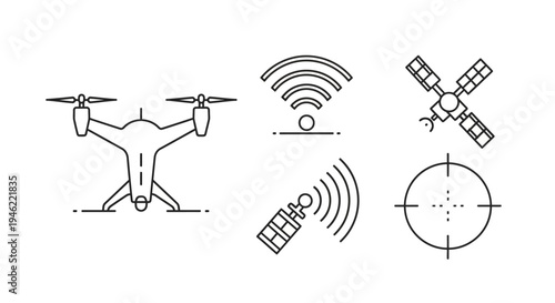 Vector illustration of a modern military drone with satellite, wifi, and targeting symbols, conveying a futuristic warfare concept in a minimalist style with a technological mood.