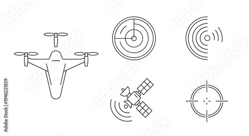 A line art illustration depicting a drone with various radar and target icons, conveying modern military drone technology and warfare concepts in a minimalist style.