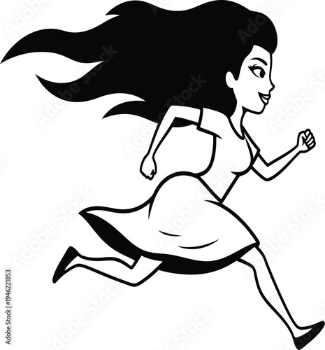 A cartoon girl running with flowing hair and a short dress