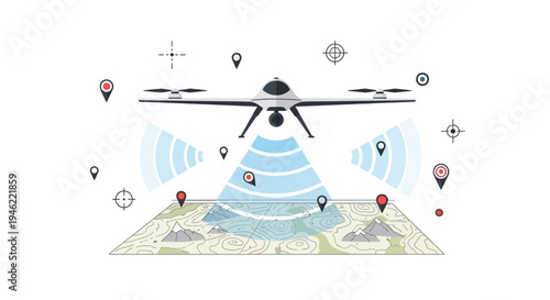 Illustration of a modern military drone with surveillance technology and a map, conveying a futuristic warfare concept with a technological and strategic mood.
