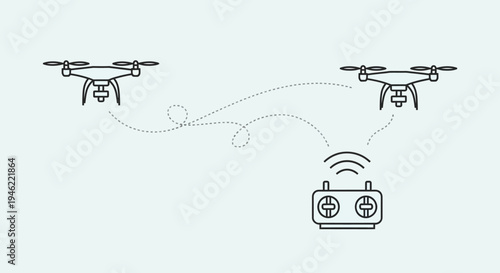 Vector illustration of two drones in flight connected to a remote control with signals, depicting drone warfare technology and unmanned aerial vehicle combat operation.