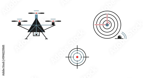 Vector illustration of a modern military drone in flight with a targeting reticle and concentric target circles, conveying a futuristic warfare concept with a technological and strategic
