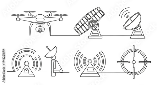 Line drawing of a drone with various satellite and communication devices, illustrating drone warfare technology and unmanned aerial vehicle systems in a technical, futuristic style with a