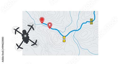 Illustration of a drone engaged in tactical drone warfare with a missile attack on a topographic map for a strategic drone strike concept.