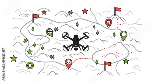 Illustration of a modern military drone engaged in tactical drone warfare with a strategic drone strike plan and various symbols on a map background.