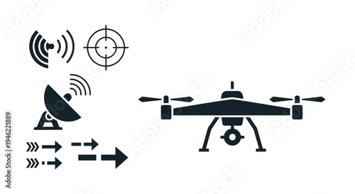 Vector illustration of a modern military drone with tactical operation symbols and satellite communication icons on a white background, conveying a futuristic warfare concept.