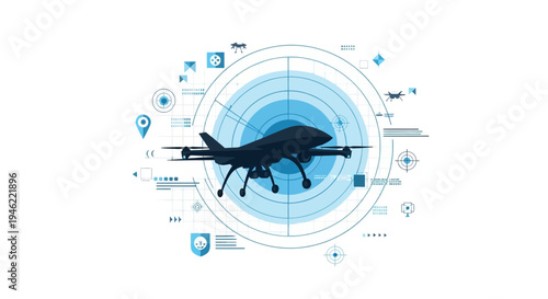 Illustration of a modern military drone with a radar system and various icons for drone warfare technology and surveillance.