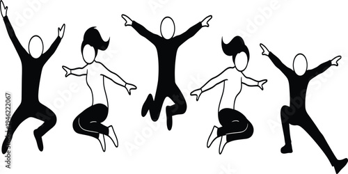 Four stick figures jumping in the air with arms raised