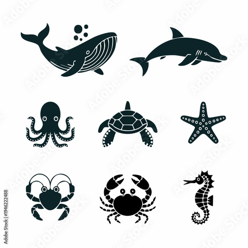 Collection of ocean animal silhouettes.