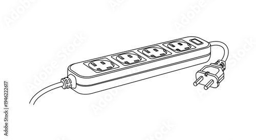 Foto Line drawing of a white power strip with multiple outlets and a cord