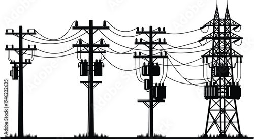 High voltage power transformer and electrical substation equipment with insulators and transmission lines, industrial electricity distribution infrastructure illustration isolated on white