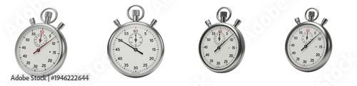 Set Of Classic Silver Chronograph Stopwatches Isolated On White Background, Analog Timer Collection In Different Angles, Precision Sports Measuring Tools PNG Graphic Assets