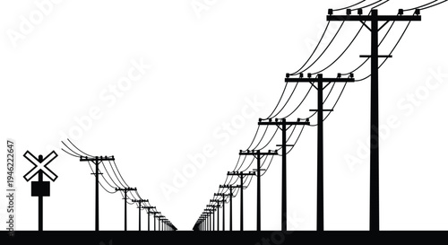 Silhouette perspective of endless utility poles and power lines with railroad crossing sign, minimal vector landscape illustrating electricity transmission infrastructure concept