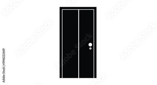 Black door with simple design and a circular doorknob on a white background