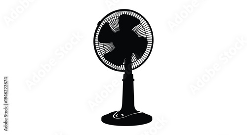 Black and white illustration of a standing electric fan on a white background