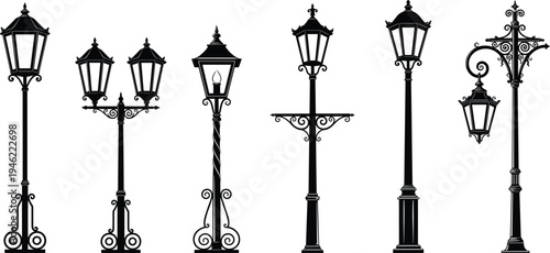 Vintage Street Lamp Post Collection Ornamental Urban Lantern Lights Silhouette Set Classic City Lighting Design Elements Illustration