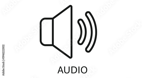 Simple line drawing of a speaker emitting sound waves with the text audio