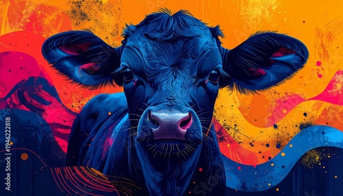 Striking Portrait of a Cow with Vibrant Abstract Background.