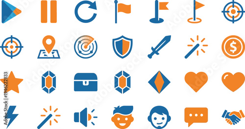 Collection of vibrant blue and orange flat user interface icons perfect for mobile gaming applications