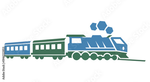 Stylized illustration of a blue and green vintage steam train with smoke