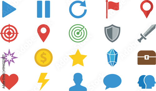 Collection of twenty flat design icons for user interfaces, gaming, and application controls