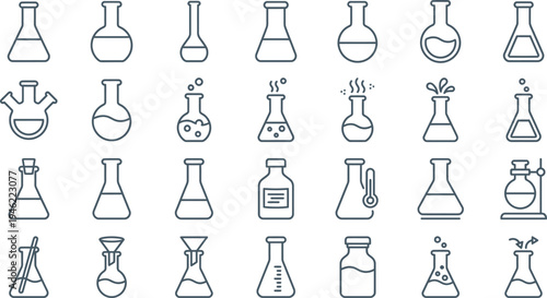A comprehensive collection of various laboratory glassware icons essential for science and chemistry vector illustrations.