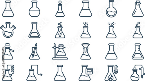 Collection of twenty-four stylized line art icons representing various chemistry laboratory flasks.