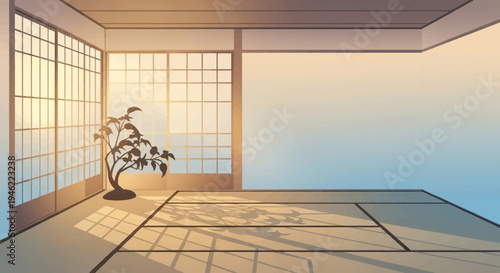Anime Style Traditional Japanese Room with Tatami Mats and Bonsai