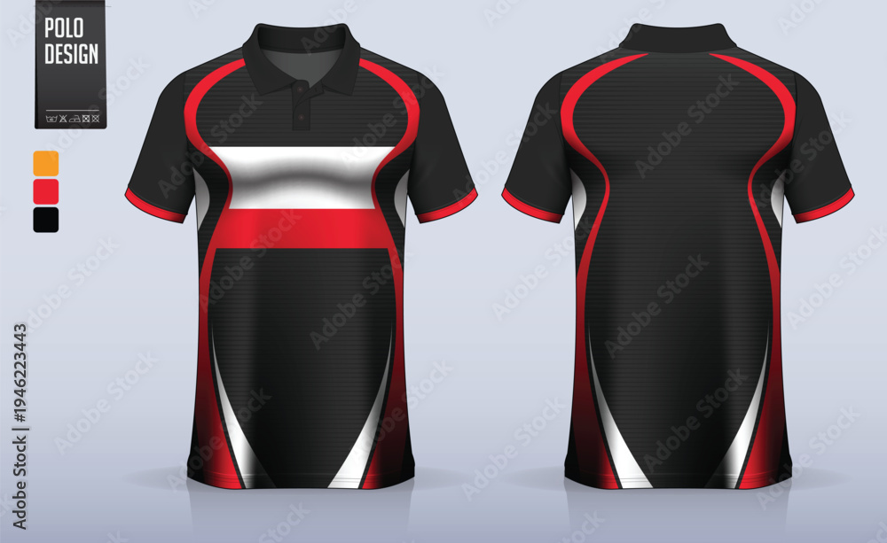 Fototapeta premium Polo shirt mockup template design for soccer jersey, football kit or sportswear. Sport uniform in front view and back view. T-shirt mockup for sport club. Fabric pattern.