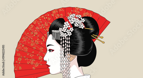 Beautiful Japanese Geisha Portrait with Traditional Red Fan