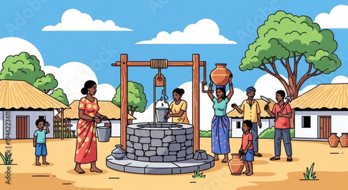 People drawing water from a traditional village well on a sunny day with trees and houses