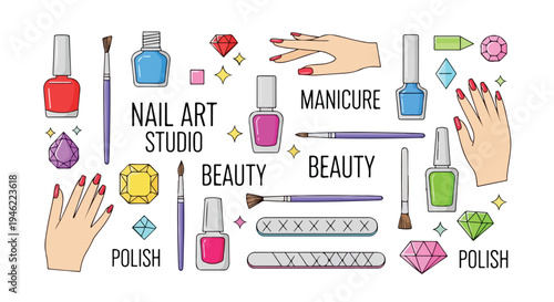 A collection of nail polish bottles, brushes, and nail art supplies for manicure and beauty treatments.