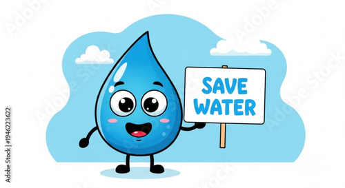 Cartoon water drop character holding save water sign smiling with clouds in background promoting conservation