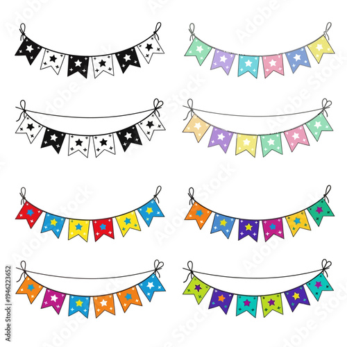 colorful bunting flags in various patterns and designs for decoration