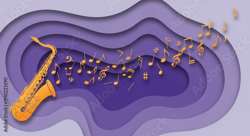 International Jazz Day Abstract illustration of a saxophone with musical notes swirling around it, representing the beauty and flow of music on a layered purple background