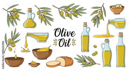 A collection of olive oil bottles, olives, and bread on a white background.