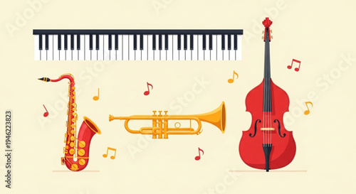 International Jazz Day Collection of musical instruments including a saxophone, trumpet, double bass, and piano keyboard, illustrated in a flat design style with musical notes
