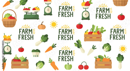 A pattern of fresh farm produce, baskets, scales, and 'FARM FRESH' text on a white background.