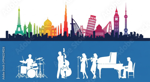 International Jazz Day Vibrant global skyline featuring iconic world landmarks above a lively silhouette of a jazz band, symbolizing international culture, travel, and musical harmony