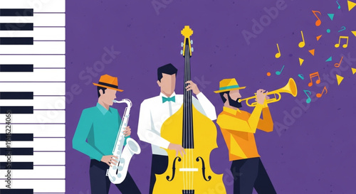 International Jazz Day Jazz band performing a lively melody with a saxophone, double bass, and trumpet against a purple background with a piano keyboard pattern