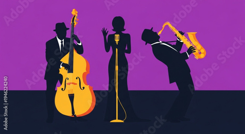 International Jazz Day Vibrant Silhouettes of a Jazz Ensemble Performing Live with Bass, Saxophone, and Vocalist, Capturing the Soulful Energy of a Musical Night