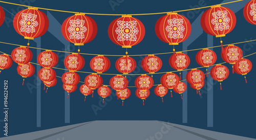 Festive Chinese Lanterns Hanging Against Dark Blue Background