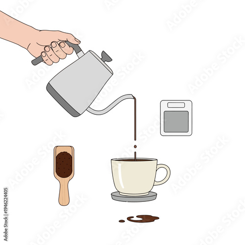 Pour over coffee brewing process, hand pouring hot water into mug with coffee grounds