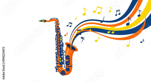 International Jazz Day Vibrant abstract illustration of an orange saxophone with musical notes flowing into colorful abstract waves, symbolizing the dynamic energy and creative rhythm of music